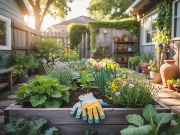 A pair of yellow and blue gardening gloves rests on the wooden edge of a productive raised bed, ready for work. This Veg Garden demonstrates effective Garden Help techniques, featuring a diverse mix of lush leafy greens, tall green onions, and colorful flowering herbs like purple lavender and yellow daisies. The sunlit backyard setting includes a neat stone path and a tiered plant rack, creating an organized environment for urban gardening.