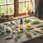 A rustic wooden table displays a variety of organic Garden Remedies and ingredients for natural pest control. At the center sits a small amber glass spray bottle labeled "Natural Bug Spray," surrounded by fresh garlic cloves, cinnamon sticks, a lemon wedge, and dried chili peppers. Sprigs of fresh rosemary, lavender, and mint are neatly arranged across the tabletop, which is bathed in warm sunlight streaming through a nearby window.