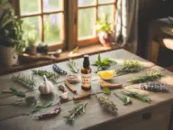 A rustic wooden table displays a variety of organic Garden Remedies and ingredients for natural pest control. At the center sits a small amber glass spray bottle labeled "Natural Bug Spray," surrounded by fresh garlic cloves, cinnamon sticks, a lemon wedge, and dried chili peppers. Sprigs of fresh rosemary, lavender, and mint are neatly arranged across the tabletop, which is bathed in warm sunlight streaming through a nearby window.