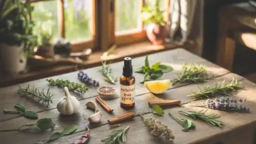 A rustic wooden table displays a variety of organic Garden Remedies and ingredients for natural pest control. At the center sits a small amber glass spray bottle labeled "Natural Bug Spray," surrounded by fresh garlic cloves, cinnamon sticks, a lemon wedge, and dried chili peppers. Sprigs of fresh rosemary, lavender, and mint are neatly arranged across the tabletop, which is bathed in warm sunlight streaming through a nearby window.