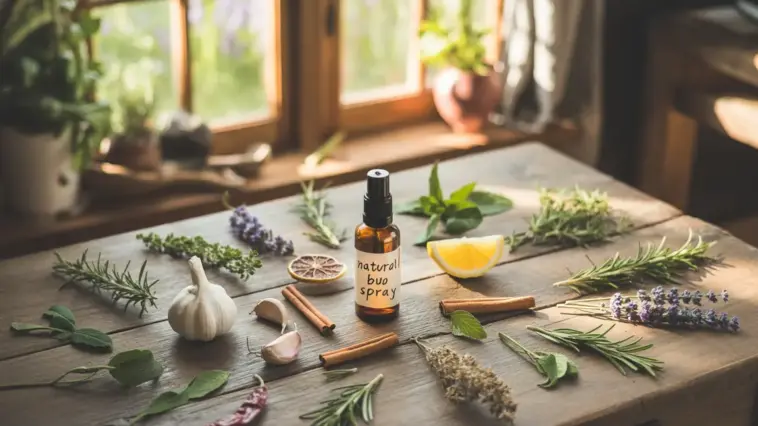 A rustic wooden table displays a variety of organic Garden Remedies and ingredients for natural pest control. At the center sits a small amber glass spray bottle labeled "Natural Bug Spray," surrounded by fresh garlic cloves, cinnamon sticks, a lemon wedge, and dried chili peppers. Sprigs of fresh rosemary, lavender, and mint are neatly arranged across the tabletop, which is bathed in warm sunlight streaming through a nearby window.