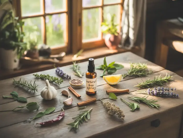 A rustic wooden table displays a variety of organic Garden Remedies and ingredients for natural pest control. At the center sits a small amber glass spray bottle labeled "Natural Bug Spray," surrounded by fresh garlic cloves, cinnamon sticks, a lemon wedge, and dried chili peppers. Sprigs of fresh rosemary, lavender, and mint are neatly arranged across the tabletop, which is bathed in warm sunlight streaming through a nearby window.