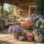 A warm and inviting outdoor living space featuring several Patio Flower Ideas, with a sun-drenched stone tile floor showcasing a variety of terra cotta and ceramic pots filled with vibrant purple petunias, coral geraniums, and soft pink begonias. In the background, a cozy shaded seating area with plush pillows sits beneath a wooden pergola draped in lush green climbing vines.
