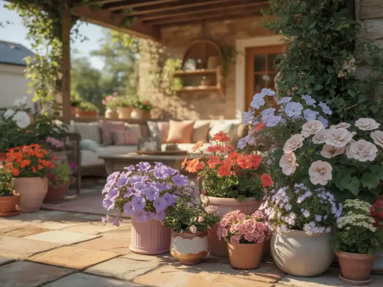 A warm and inviting outdoor living space featuring several Patio Flower Ideas, with a sun-drenched stone tile floor showcasing a variety of terra cotta and ceramic pots filled with vibrant purple petunias, coral geraniums, and soft pink begonias. In the background, a cozy shaded seating area with plush pillows sits beneath a wooden pergola draped in lush green climbing vines.