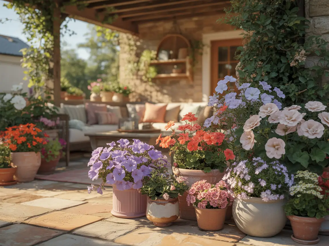 A warm and inviting outdoor living space featuring several Patio Flower Ideas, with a sun-drenched stone tile floor showcasing a variety of terra cotta and ceramic pots filled with vibrant purple petunias, coral geraniums, and soft pink begonias. In the background, a cozy shaded seating area with plush pillows sits beneath a wooden pergola draped in lush green climbing vines.