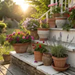 A sun-drenched outdoor staircase creatively decorated with various Small Flower Pot Ideas, featuring an assortment of aged terra cotta and ceramic planters overflowing with vibrant red geraniums, purple petunias, and aromatic lavender that lead the eye toward a golden sunset in the background.