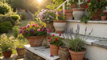A sun-drenched outdoor staircase creatively decorated with various Small Flower Pot Ideas, featuring an assortment of aged terra cotta and ceramic planters overflowing with vibrant red geraniums, purple petunias, and aromatic lavender that lead the eye toward a golden sunset in the background.