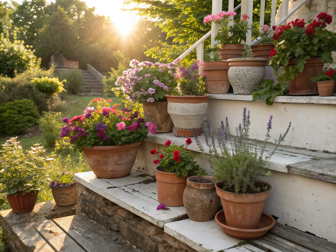 A sun-drenched outdoor staircase creatively decorated with various Small Flower Pot Ideas, featuring an assortment of aged terra cotta and ceramic planters overflowing with vibrant red geraniums, purple petunias, and aromatic lavender that lead the eye toward a golden sunset in the background.