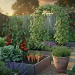 A productive and beautiful Veg Garden featuring organized grey wooden raised beds filled with ripe cherry tomatoes on the vine, leafy kale, and carrots ready for harvest. A wooden garden arch covered in climbing green vines serves as a focal point, while purple salvia and a terracotta pot of herbs line the gravel paths under a warm sunset sky.