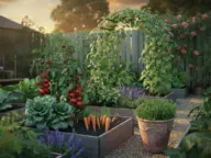 A productive and beautiful Veg Garden featuring organized grey wooden raised beds filled with ripe cherry tomatoes on the vine, leafy kale, and carrots ready for harvest. A wooden garden arch covered in climbing green vines serves as a focal point, while purple salvia and a terracotta pot of herbs line the gravel paths under a warm sunset sky.