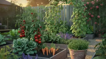 A productive and beautiful Veg Garden featuring organized grey wooden raised beds filled with ripe cherry tomatoes on the vine, leafy kale, and carrots ready for harvest. A wooden garden arch covered in climbing green vines serves as a focal point, while purple salvia and a terracotta pot of herbs line the gravel paths under a warm sunset sky.