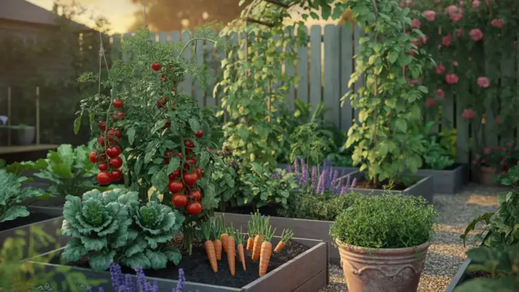 A productive and beautiful Veg Garden featuring organized grey wooden raised beds filled with ripe cherry tomatoes on the vine, leafy kale, and carrots ready for harvest. A wooden garden arch covered in climbing green vines serves as a focal point, while purple salvia and a terracotta pot of herbs line the gravel paths under a warm sunset sky.