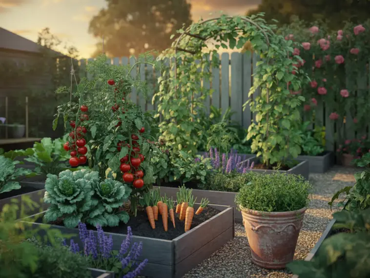 A productive and beautiful Veg Garden featuring organized grey wooden raised beds filled with ripe cherry tomatoes on the vine, leafy kale, and carrots ready for harvest. A wooden garden arch covered in climbing green vines serves as a focal point, while purple salvia and a terracotta pot of herbs line the gravel paths under a warm sunset sky.