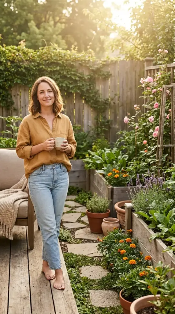 A smiling woman stands barefoot on a wooden deck, holding a ceramic mug and enjoying the results of consistent Garden Help. Beside her, a flourishing Veg Garden features wooden raised beds filled with healthy leafy greens, bright orange marigolds, and tall purple lavender spikes. A rustic stone path winds through the lush space, leading past terracotta pots and a rose-covered trellis under the warm, golden light of a late afternoon sun.