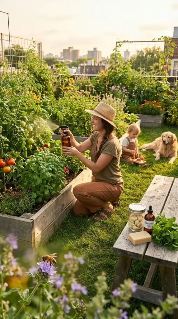 A woman in a sun hat kneels in a productive rooftop Veg Garden, applying liquid Garden Remedies with a spray bottle to healthy tomato plants. Beside her on a rustic wooden bench, a glass jar of garlic cloves, a bottle of neem oil, and a block of castile soap illustrate the ingredients used for homemade pest control. In the background, a child plays near a golden retriever on the grass path, emphasizing the safety of using non-toxic Garden Remedies in a family environment during the golden hour.
