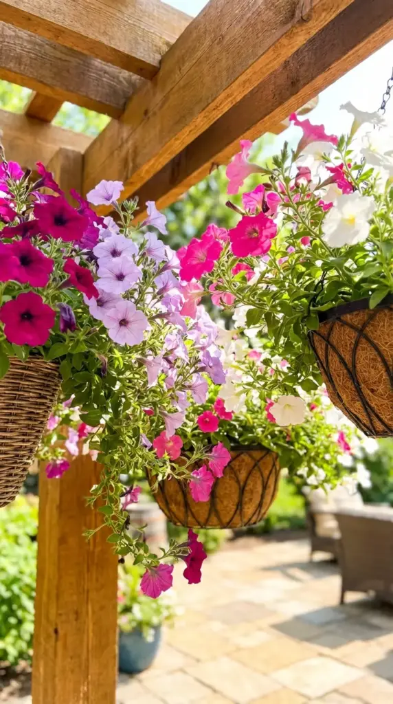 A vibrant display of Patio Flower Ideas featuring several lush hanging baskets overflowing with deep magenta, soft lavender, and crisp white petunias. The baskets, made of natural coco coir and woven wicker, are suspended from the sturdy beams of a wooden garden pergola, creating a colorful canopy above a sunlit stone patio.