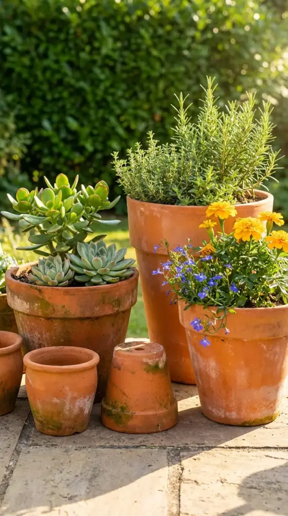 A charming collection of Small Flower Pot Ideas featuring weathered terra cotta planters of various sizes, including a tall pot of fragrant rosemary and thyme, a medium pot with bright orange marigolds and blue lobelia, and a wide pot showcasing a cluster of jade plants and echeveria succulents on a sunlit stone patio.
