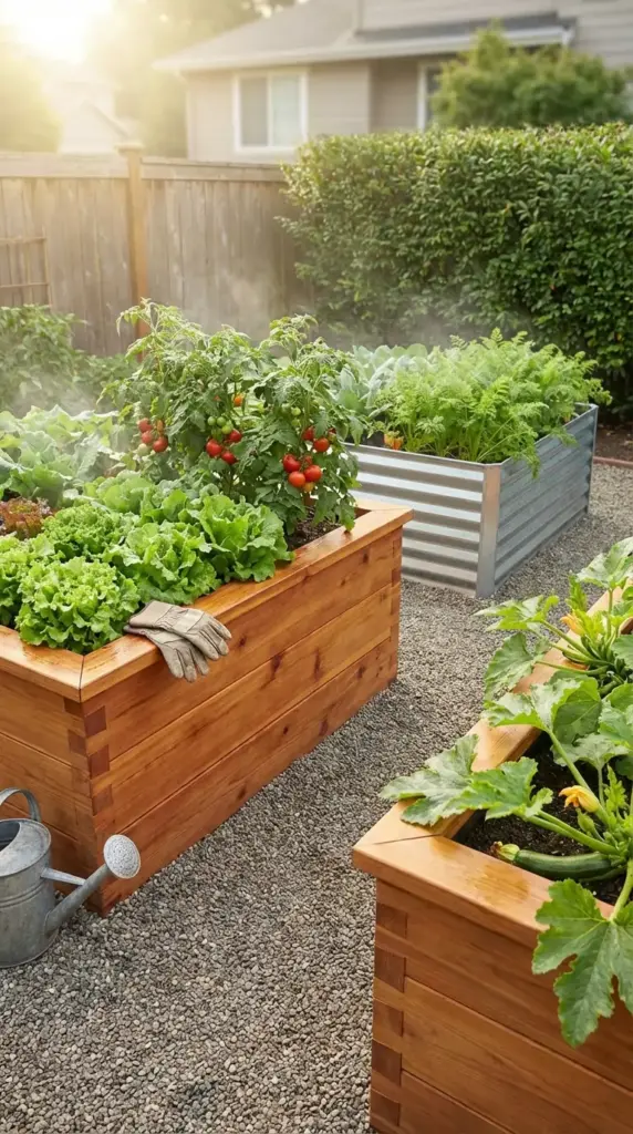 A thriving and meticulously maintained Veg Garden featuring multiple raised beds constructed from warm cedar wood and corrugated metal. The beds are overflowing with healthy crops, including vibrant green leaf lettuce, ripening clusters of red tomatoes on the vine, feathery carrot tops, and large zucchini plants with yellow blossoms. The garden is set on a neat gravel path in a sunny backyard, with a metal watering can and gardening gloves resting nearby in the soft morning light.