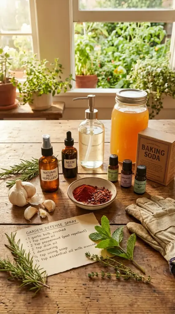 A well-organized display of natural ingredients used to create effective Garden Remedies for pest control and plant health. The wooden tabletop features a hand-written "Garden Defense Spray" recipe alongside glass bottles of neem oil and natural pest repellent, a box of baking soda, and a large jar of apple cider vinegar. Fresh garlic cloves, red chili flakes, and essential oils like peppermint and eucalyptus are arranged with sprigs of rosemary and mint, highlighting the organic components of these Garden Remedies.