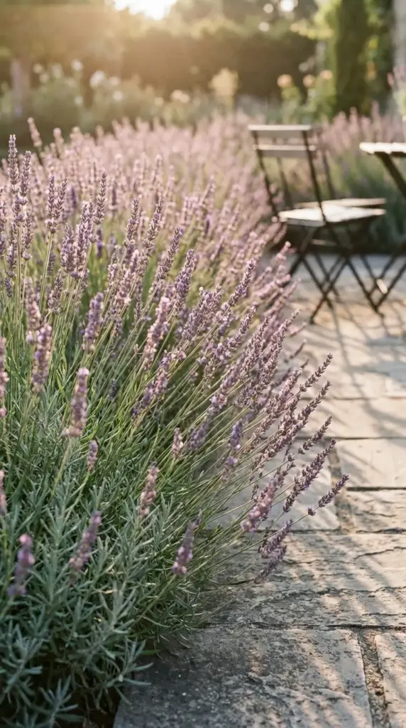 A serene and aromatic example of Patio Flower Ideas featuring a dense, lush border of purple English lavender in full bloom, lining a rustic flagstone patio walkway. The soft evening sun glows through the lavender spikes, creating a peaceful atmosphere near a blurred outdoor bistro seating area.