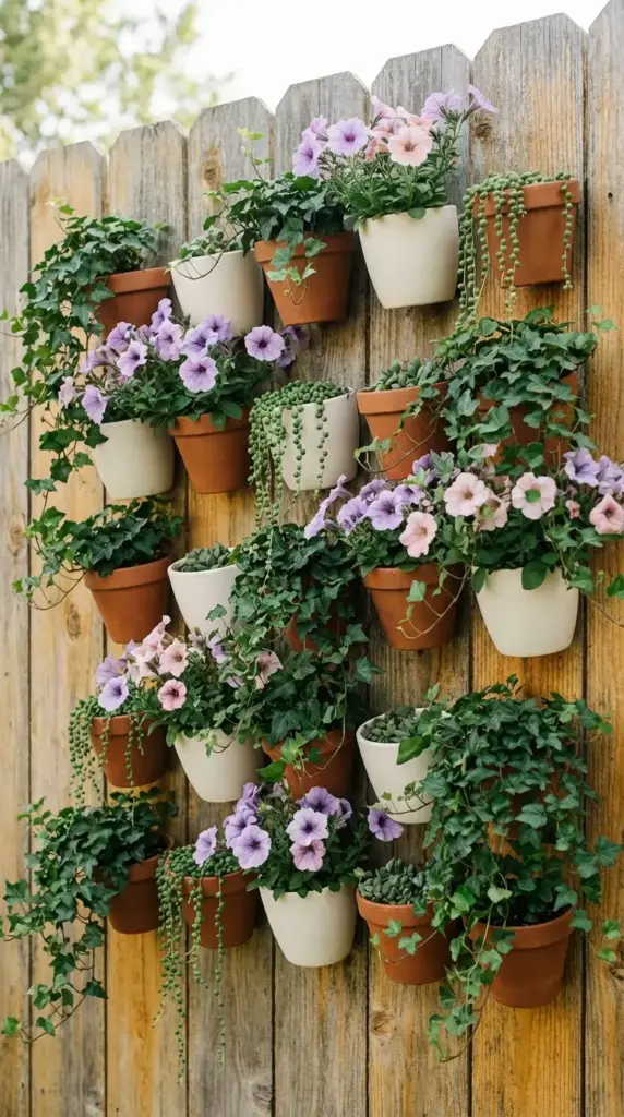 A space-saving collection of Small Flower Pot Ideas featuring a variety of terra cotta and cream-colored ceramic planters mounted to a rustic wooden fence, filled with trailing ivy, cascading string of pearls, and vibrant pink and purple petunias.