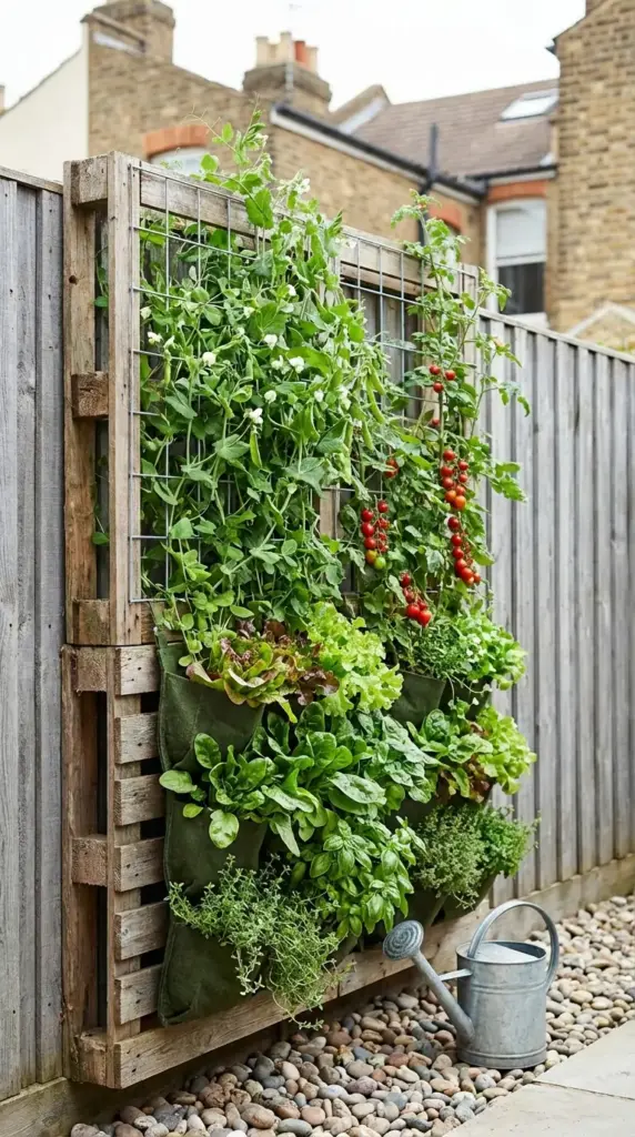 A clever and space-efficient Veg Garden design featuring a repurposed wooden pallet mounted against a tall garden fence to create a vertical planter. The setup includes green fabric grow bags at the bottom filled with lush spinach, basil, and thyme, while a wire mesh trellis on the upper half supports climbing pea plants and a vine of ripening red cherry tomatoes. A galvanized metal watering can sits on the pebble-lined path at the base of the vertical Veg Garden.