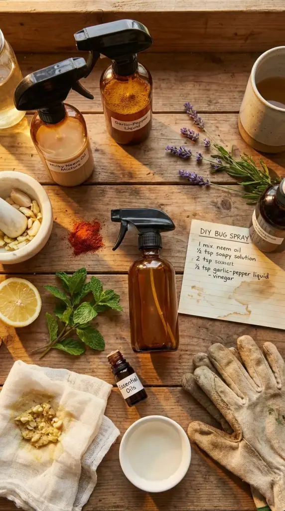 An overhead view of a rustic wooden workspace featuring various components for organic Garden Remedies. Three amber spray bottles containing "Milky Neem Oil Mixture," "Garlic-Pepper Liquid," and a clear solution are arranged around a "DIY Bug Spray" recipe card. The scene is detailed with raw ingredients: a mortar and pestle filled with crushed garlic, a lemon half, fresh mint sprigs, lavender stems, a pile of red chili powder, and a small bottle of essential oils. A pair of worn gardening gloves and a piece of cheesecloth used for straining these Garden Remedies rest on the table in the warm afternoon sun.