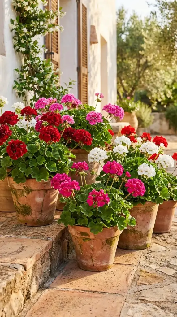 A picturesque outdoor scene featuring various Patio Flower Ideas, with aged terra cotta pots overflowing with bright red, hot pink, and crisp white geraniums lining the rustic stone steps of a sun-drenched Mediterranean villa.