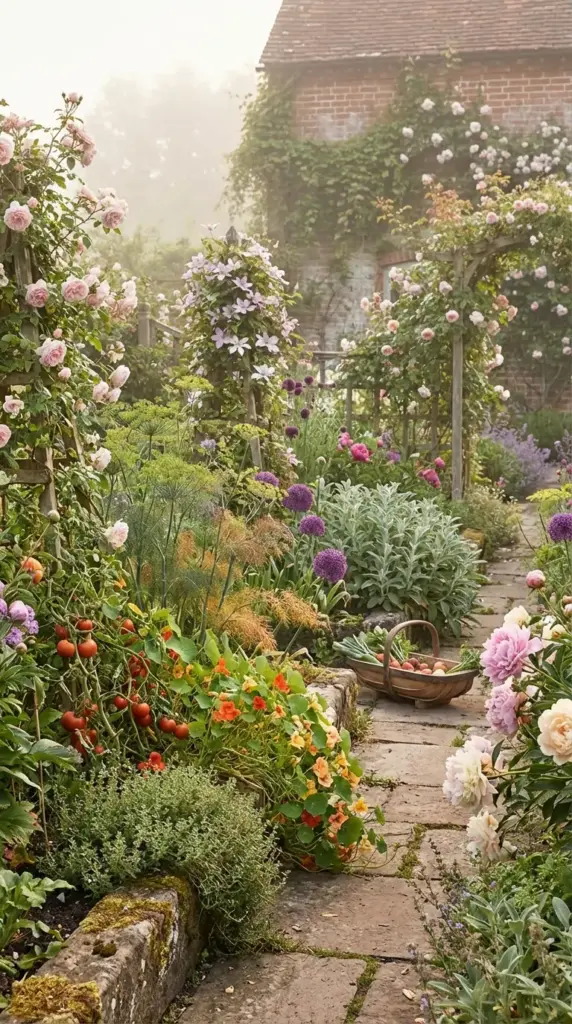 An enchanting and productive Veg Garden integrated into a romantic cottage landscape. The scene features a narrow stone path winding through lush borders of flowering peonies, climbing roses on tall trellises, and spherical purple alliums. Tucked among the blooms are thriving edible plants, including clusters of ripening red tomatoes, feathery dill, and low-growing herbs, all bathed in the soft, misty glow of an early morning garden.