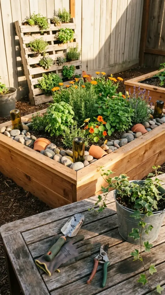 A sunlit wooden raised bed demonstrating creative Garden Help by using recycled wine bottles and terracotta pots as decorative drainage and soil markers. The bed is filled with lush rosemary, basil, and mint, while a vertical pallet garden in the background maximizes space for succulents and small herbs. In the foreground, a rustic wooden table holds essential tools, including a trowel, bypass pruners, and gardening gloves, ready for a day of backyard maintenance.