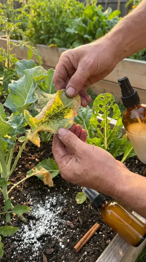 A close-up, educational view of a gardener’s hands inspecting a yellowed cabbage leaf covered in fine webbing and small black pests in a Veg Garden. The gardener holds a spray bottle of milky neem oil, ready to apply organic Garden Remedies to the affected plant. A dusting of white diatomaceous earth and a cinnamon stick are visible on the soil surface of the wooden raised bed, illustrating a multi-step approach to natural pest management.