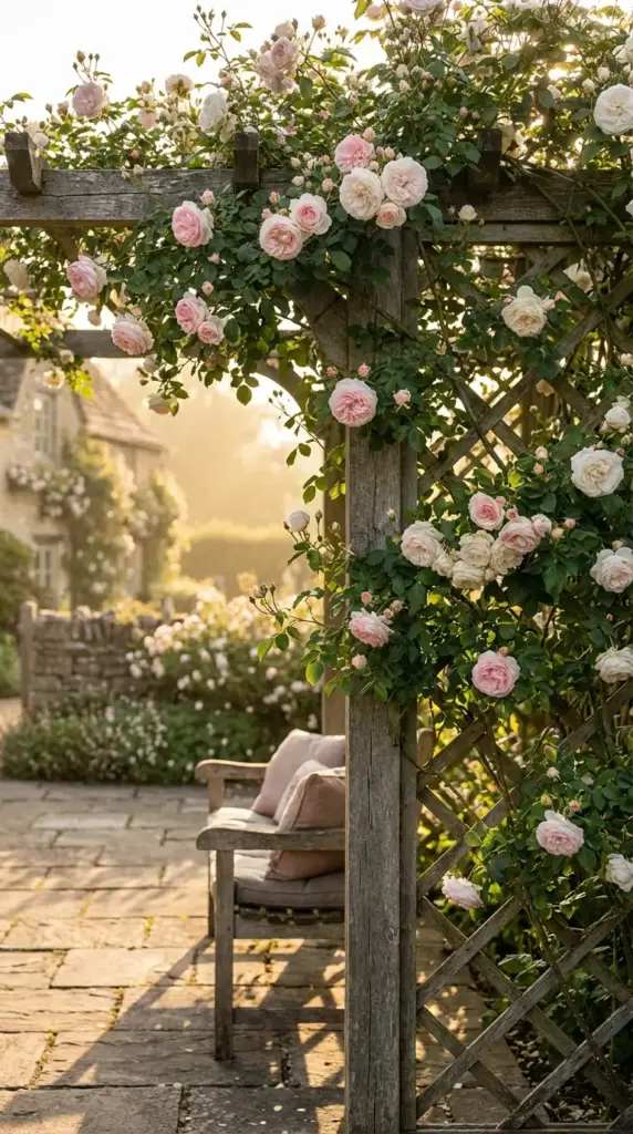 A romantic and sun-drenched garden seating area featuring Patio Flower Ideas, with a weathered wooden pergola and lattice trellis covered in climbing light pink roses. The scene is set on a rustic stone patio with a comfortable wooden bench, overlooking a lush garden path and a traditional stone cottage in the soft morning light.