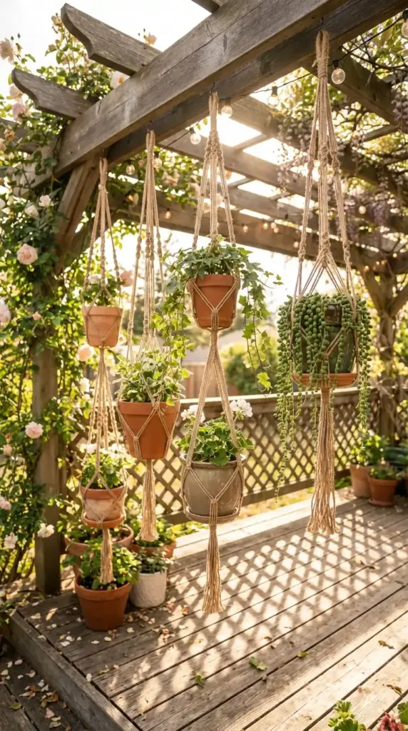 A sun-drenched wooden deck featuring several Small Flower Pot Ideas, including terra cotta and ceramic planters suspended from a rustic pergola in intricate jute macramé hangers, filled with trailing ivy, string of pearls, and blooming white geraniums.