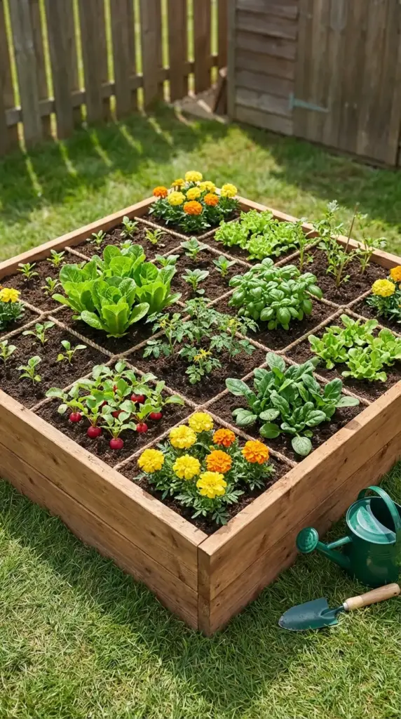 An organized and efficient Veg Garden featuring a cedar-wood raised bed divided into a perfect grid by thick twine. The squares are filled with a productive mix of young edible plants, including lush green romaine lettuce, fragrant basil, and a cluster of bright red radishes. Vibrant orange and yellow marigolds are planted in the corner squares as natural pest deterrents, all set on a sunny green lawn with a small green watering can and a garden trowel resting nearby.