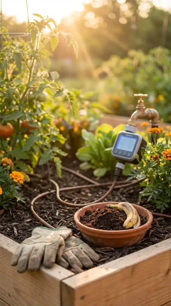A close-up of a wooden raised bed showcasing high-tech and organic Garden Help methods. An electronic water timer is attached to a brass faucet, connected to a drip irrigation line that snakes through healthy tomato and marigold plants. In the foreground, a terracotta bowl of dark compost topped with a banana peel sits next to a pair of work gloves, illustrating natural ways to provide Garden Help by recycling kitchen waste into soil nutrients.