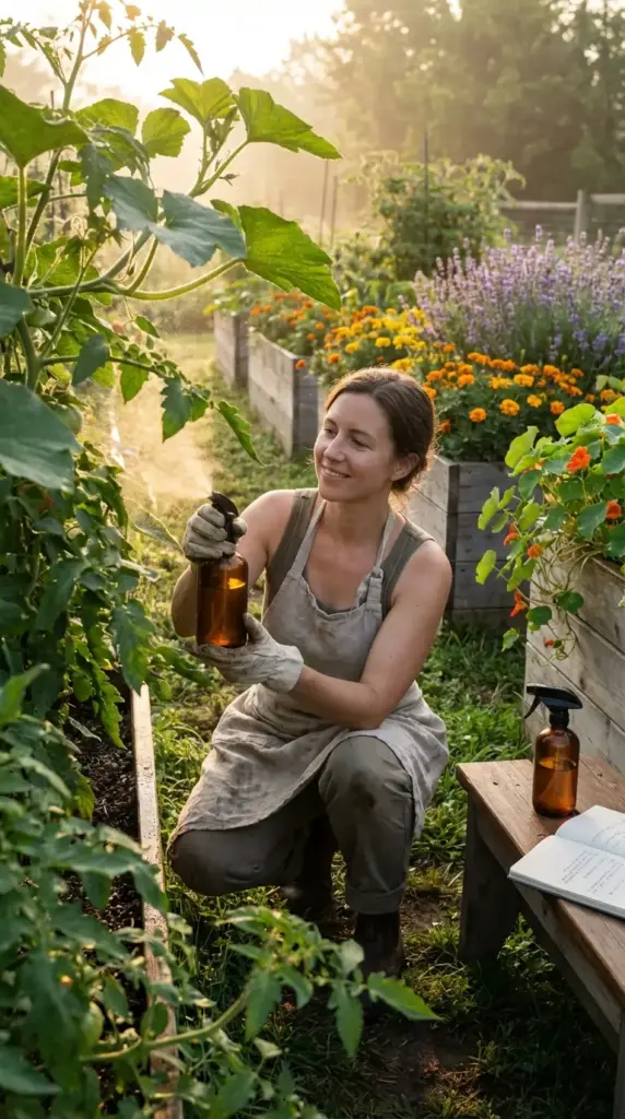 A smiling gardener in a canvas apron kneels in a productive Veg Garden, applying liquid Garden Remedies with an amber spray bottle to large, healthy tomato plants. The golden morning sun illuminates the mist from the sprayer as it coats the leaves. In the background, well-maintained wooden raised beds are filled with vibrant orange marigolds and purple lavender, while a second bottle of Garden Remedies and an open notebook rest on a rustic wooden bench in the foreground.