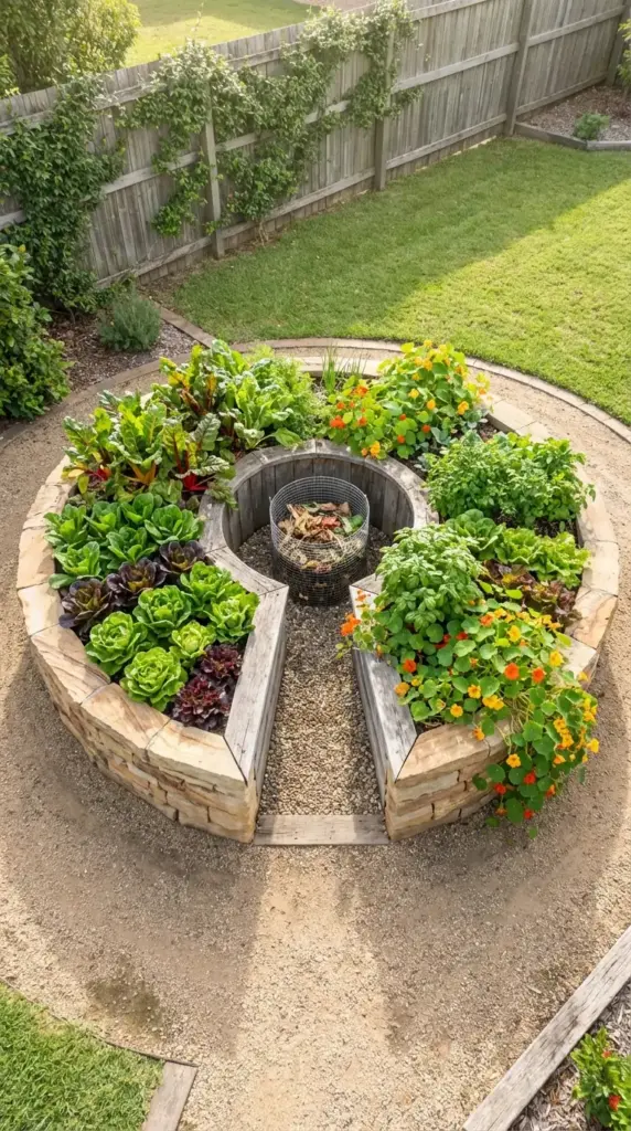 A high-efficiency Veg Garden featuring a raised circular keyhole bed constructed from weathered wood and natural stone. The bed is divided into segments overflowing with diverse crops, including vibrant red and green leaf lettuces, dark Swiss chard, aromatic basil, and trailing orange nasturtiums. A central wire mesh composting basket is integrated into the heart of the design, all set within a manicured backyard with gravel paths and a lush green lawn.