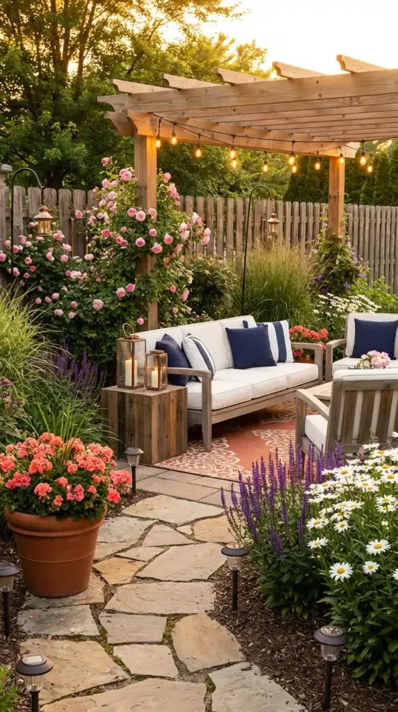 A beautifully designed backyard patio that showcases the results of professional-level Garden Help. The space features a neutral-toned sofa with navy blue pillows tucked under a sturdy wooden pergola adorned with warm string lights. A winding stone path leads through a lush landscape filled with tall purple salvia, white daisies, and pink climbing roses, while large terracotta pots and rustic lanterns add a finishing touch to this expertly maintained retreat.