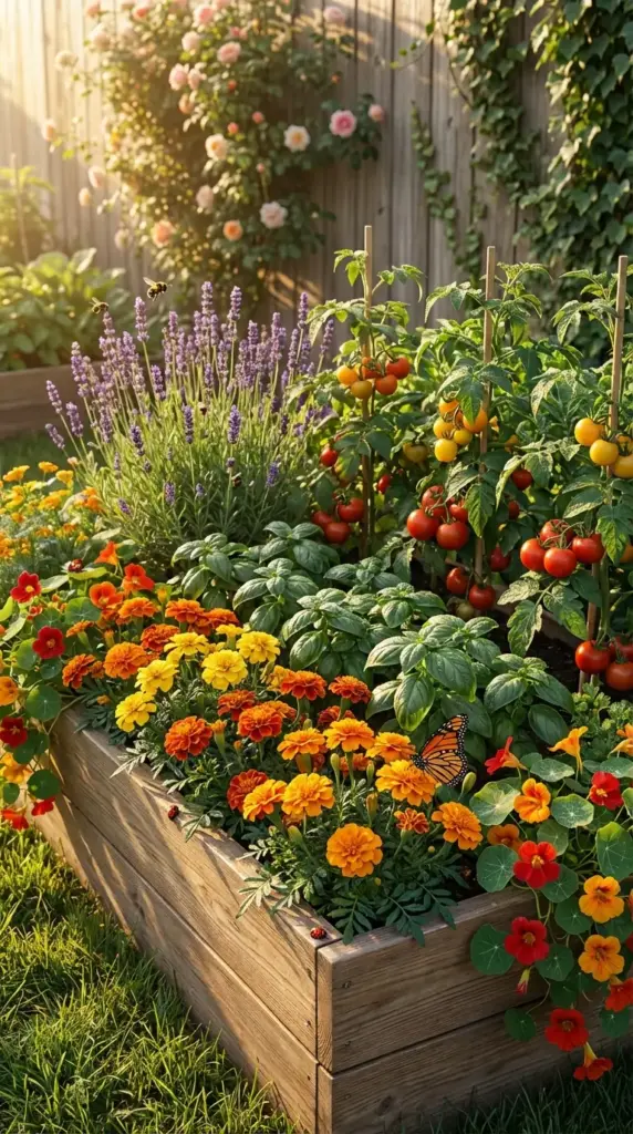 A vibrant and healthy wooden raised bed demonstrating how companion planting acts as living Garden Remedies to deter pests naturally. The bed is densely packed with productive tomato plants supported by wooden stakes, surrounded by fragrant basil, bright orange marigolds, and tall purple lavender spikes. A monarch butterfly and several bees are visible among the flowers, highlighting how these botanical Garden Remedies create a balanced ecosystem that attracts pollinators while protecting edible crops.