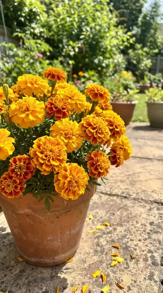 A cheerful and warm example of Patio Flower Ideas featuring a classic terra cotta planter overflowing with a dense cluster of bright orange and yellow marigolds. The flowers are in full bloom, with some delicate petals scattered on the rustic, sun-lit stone patio floor beneath, set against a soft-focus background of a lush green summer garden.