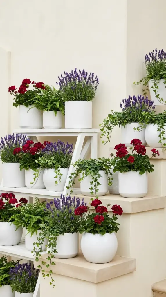 A clean and sophisticated collection of Small Flower Pot Ideas featuring a multi-tiered white shelving unit and matching architectural stairs filled with uniform white ceramic planters, showcasing a structured arrangement of deep red geraniums, aromatic purple lavender, and trailing green ivy against a neutral wall.