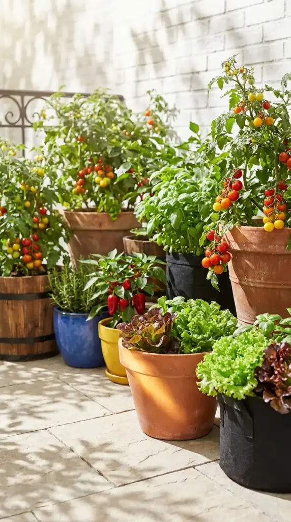 A productive and colorful Veg Garden grown entirely in containers on a bright stone tile patio. The arrangement features large terra cotta pots overflowing with clusters of ripening red and yellow cherry tomatoes, alongside blue and yellow ceramic planters filled with spicy red peppers and fresh rosemary. Black fabric grow bags are used to cultivate lush green and purple leaf lettuce and fragrant basil, all positioned against a white brick wall in the warm morning sun.