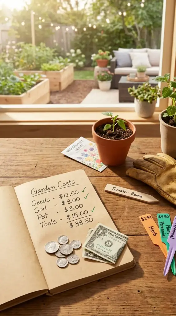 A wooden desk features an open notebook titled "Garden Costs," listing expenses for seeds, soil, pots, and tools totaling $38.50. Beside the notebook, cash and coins rest near a small terracotta pot with a young sprout, a "Tomato - Roma" plant marker, and a "Wildflower Seeds" packet. The background offers a blurred view of a sunlit backyard with raised beds, illustrating how financial planning provides essential Garden Help for a successful season.