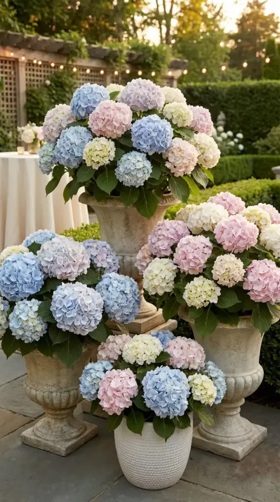 A sophisticated outdoor display of Patio Flower Ideas featuring several large, classical stone urns and a textured white ceramic pot overflowing with massive hydrangea blooms in soft shades of sky blue, blush pink, and creamy white. The arrangement is set on a dark slate tile patio, with a manicured boxwood hedge and a glowing sunset over a garden pergola in the background.