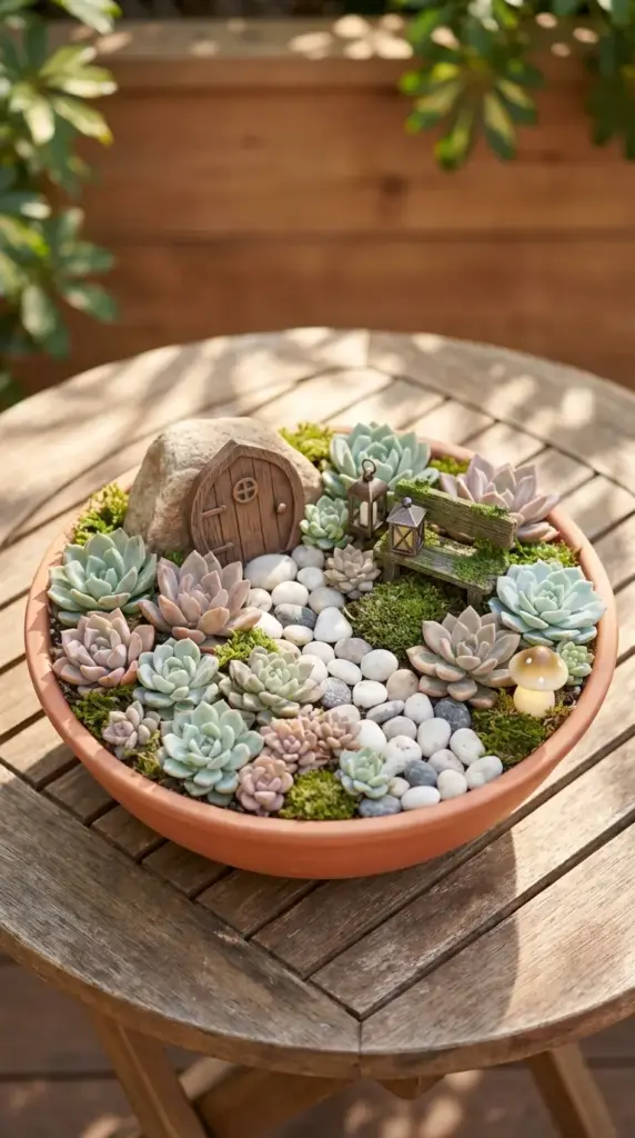 A creative example of Small Flower Pot Ideas featuring a wide, shallow terra cotta bowl transformed into a miniature fairy garden with various pastel-colored echeveria succulents, smooth white river stones, and tiny decorative accessories including a wooden fairy door, a mossy bench, and miniature lanterns.