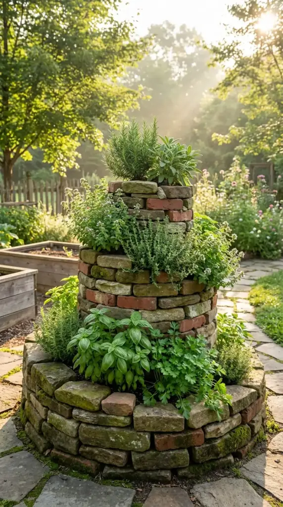 A stunning and architectural Veg Garden feature consisting of a tall, spiral-shaped planter built from a rustic mix of weathered red bricks and mossy stones. The spiral levels are densely planted with a variety of fresh culinary herbs, including lush green basil, feathery parsley, aromatic rosemary, and spreading thyme. The structure is set on a stone patio in a sun-drenched backyard garden, with traditional wooden raised beds and a split-rail fence visible in the soft-focus background.