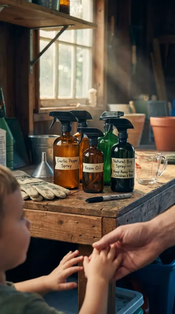 Several amber and green glass spray bottles filled with organic Garden Remedies sit on a rustic wooden workbench in a sunny potting shed. The bottles are clearly labeled with handwritten tape as "Garlic Pepper Spray," "Neem Oil," and "Natural Bug Spray," including a safety note to keep away from children and pets. In the foreground, an adult’s hand gently holds a child’s hand, emphasizing the importance of teaching the next generation about safe, non-toxic Garden Remedies while keeping concentrated solutions out of reach.
