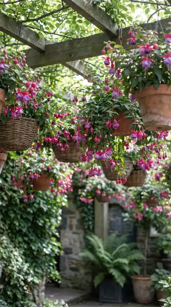 A lush and enchanting example of Patio Flower Ideas featuring numerous hanging wicker and terra cotta baskets suspended from a rustic wooden pergola. The baskets are filled with cascading fuchsia plants displaying vibrant pink and purple bell-shaped blooms, set against a backdrop of stone walls and deep green ferns.