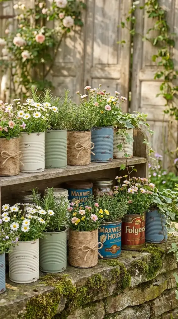 A rustic outdoor shelf and stone ledge featuring creative Small Flower Pot Ideas using repurposed vintage coffee tins and twine-wrapped cans, filled with a charming mix of white daisies, aromatic rosemary, and trailing ivy against a backdrop of climbing roses.