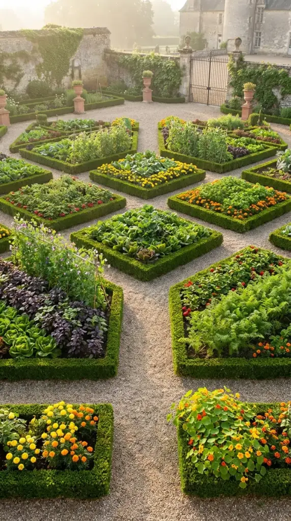 A grand and highly structured Veg Garden designed in a formal parterre style, featuring geometric planting beds enclosed by low, manicured boxwood hedges. The beds are filled with a lush variety of edible crops, including dark purple basil, bright green lettuces, feathery carrot tops, and orange marigolds. The garden is set on a light gravel courtyard in front of a historic stone manor house, with ivy-covered walls and elegant stone urns visible in the soft morning mist.